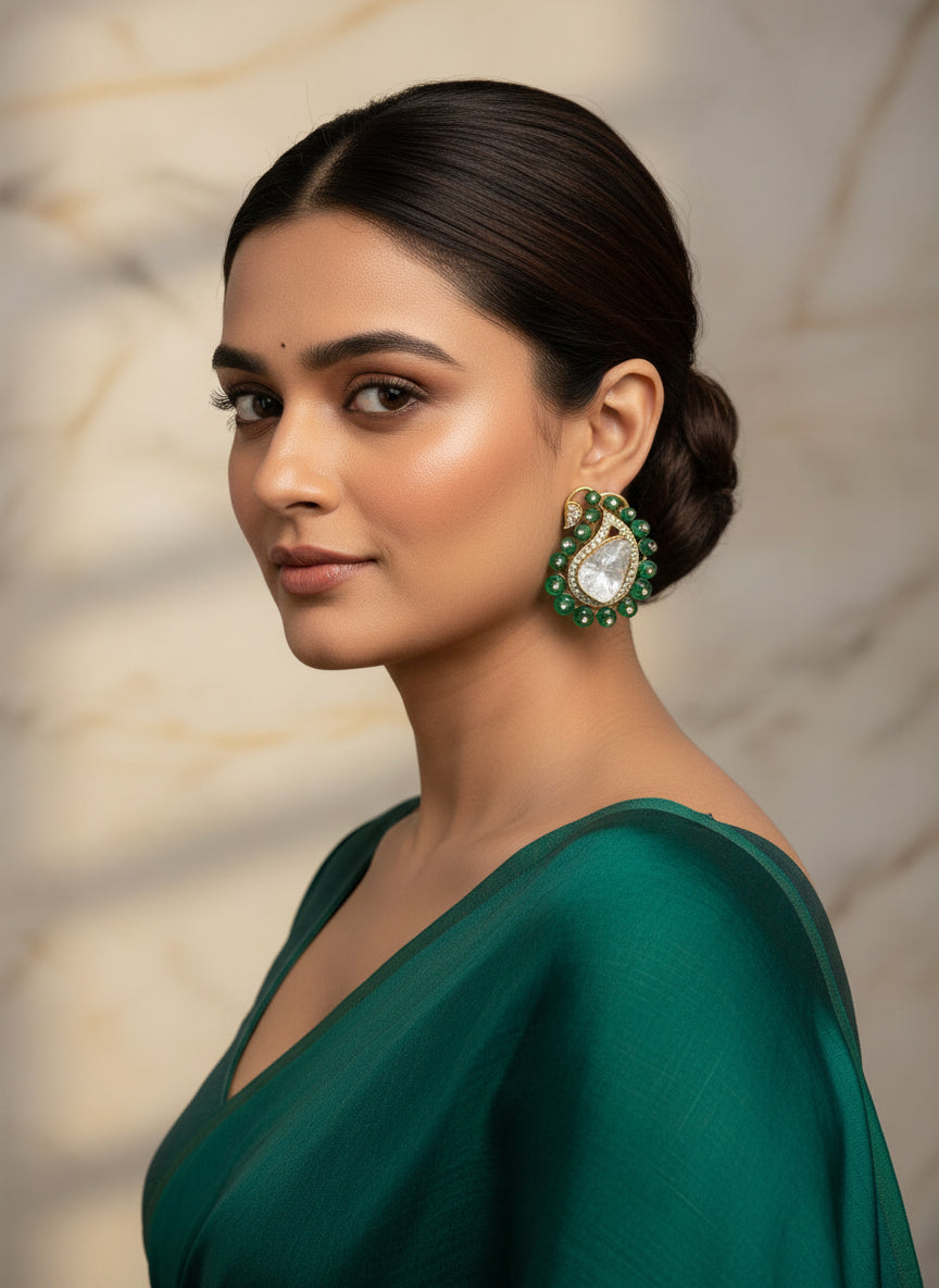 Emerald Beaded Polki Earrings