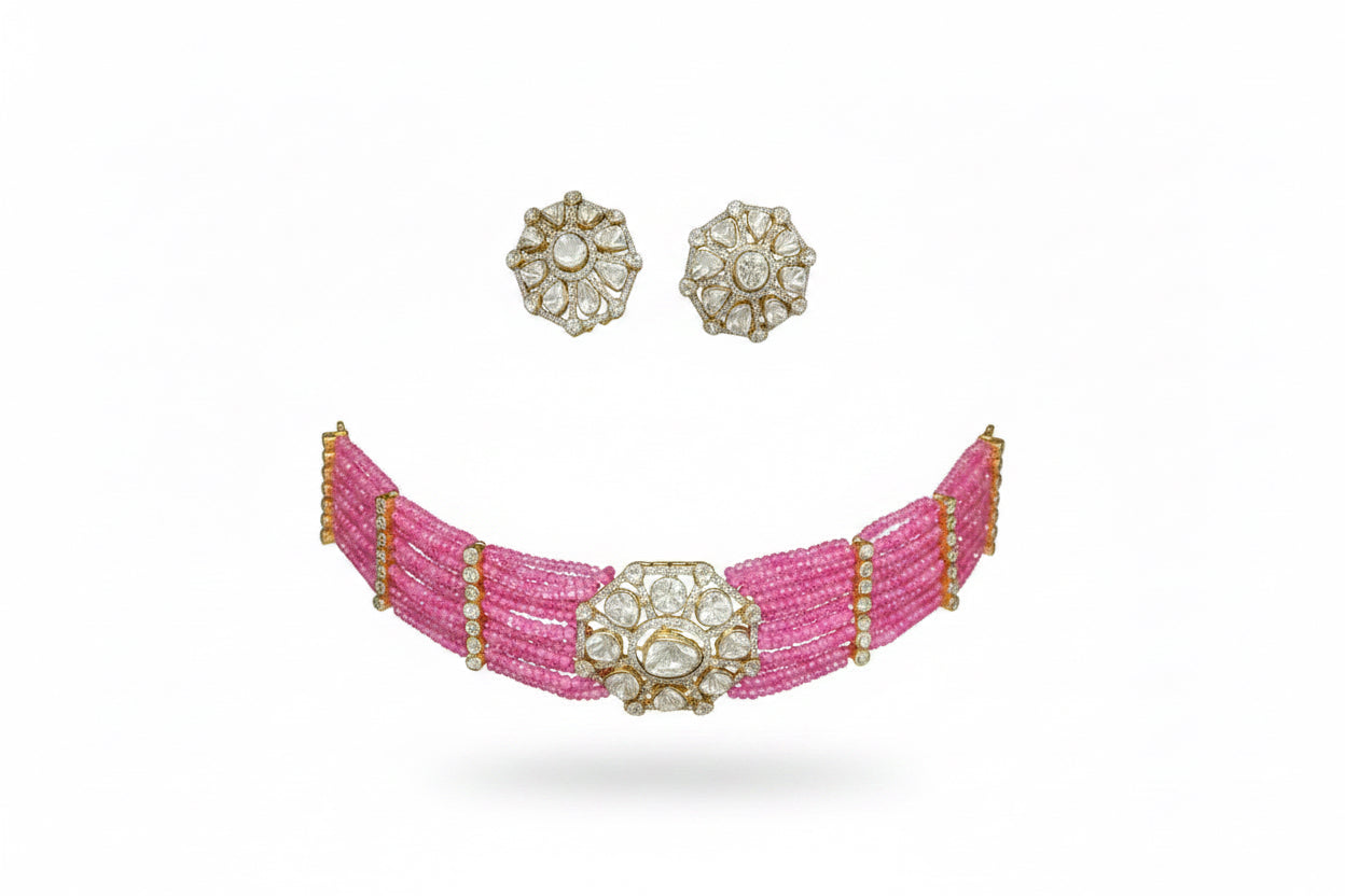 Pink Beaded Polki Choker Set