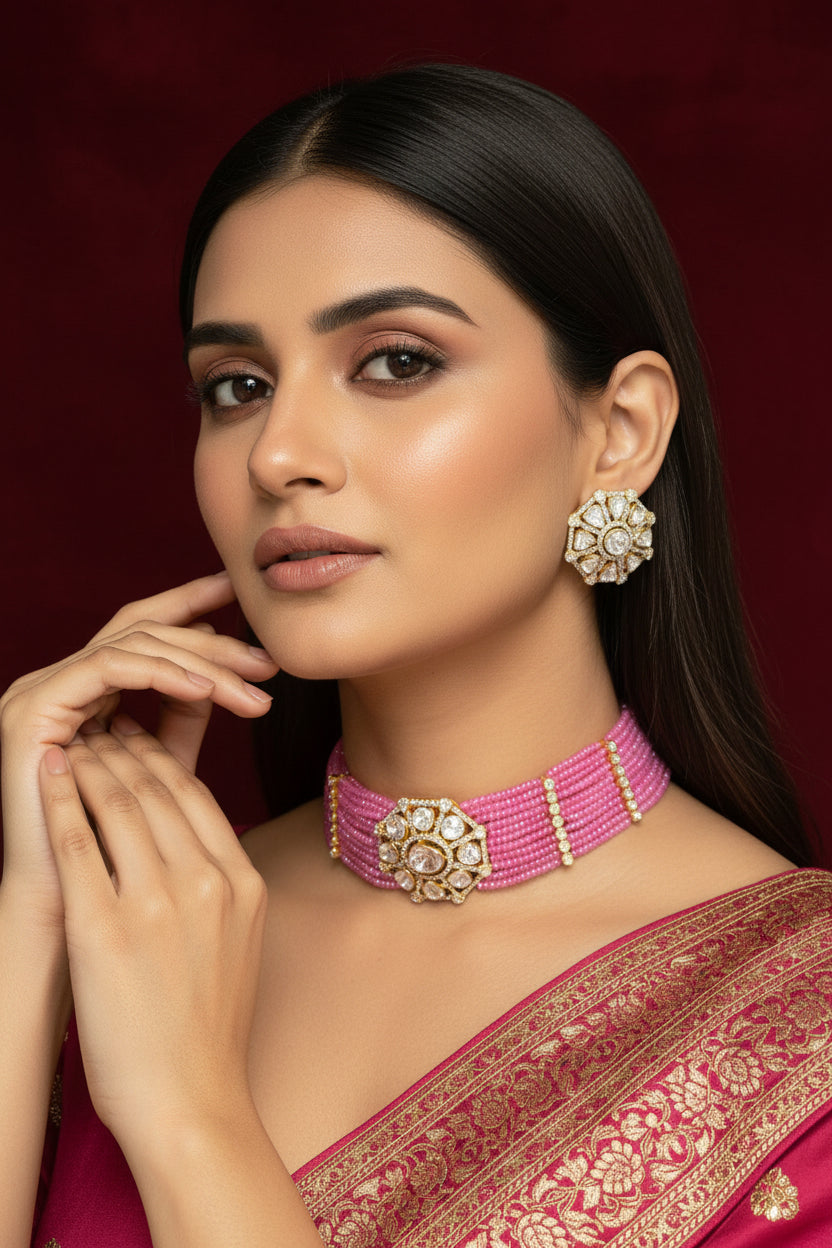 Pink Beaded Polki Choker Set