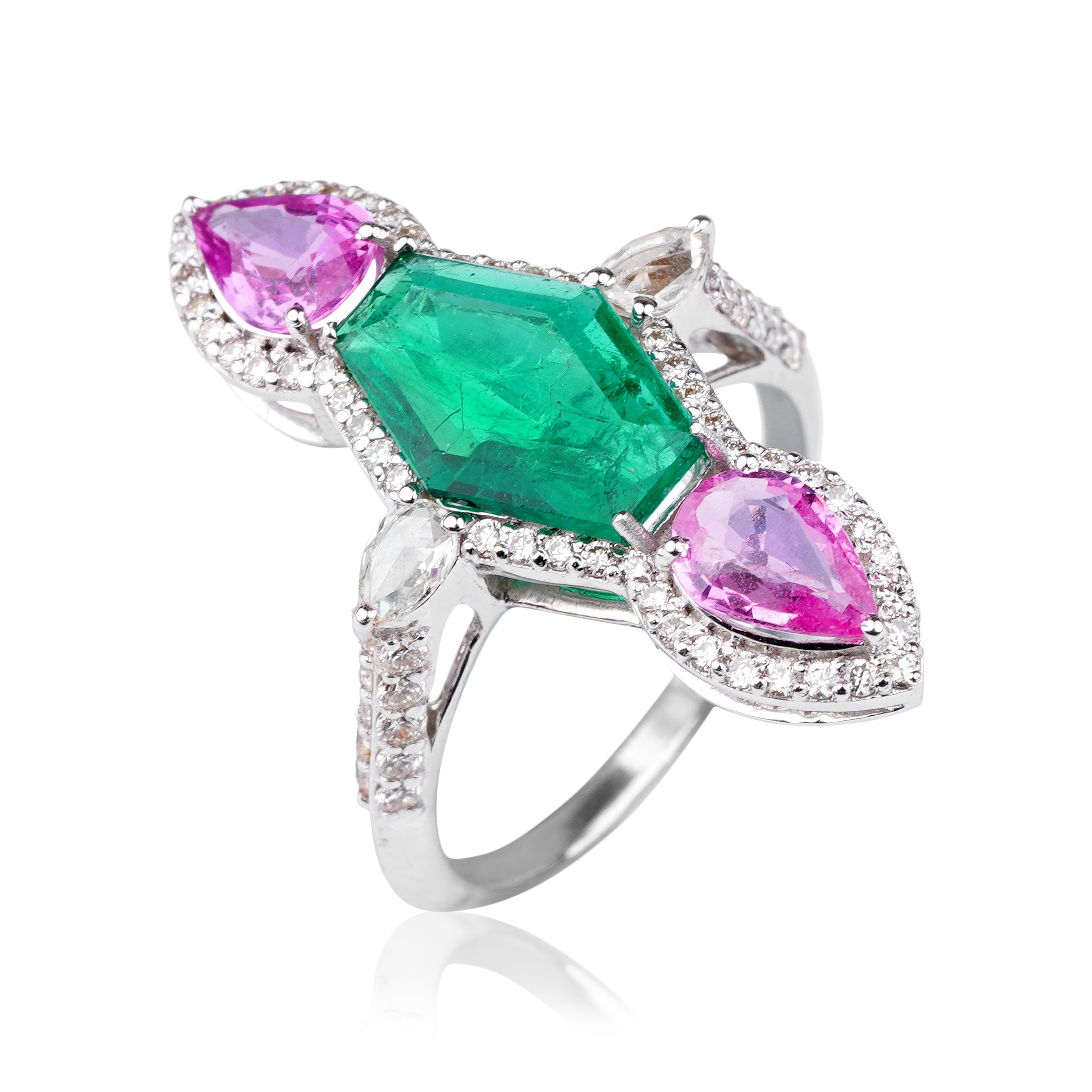 Hexa-Emerald Rose Quartz Ring