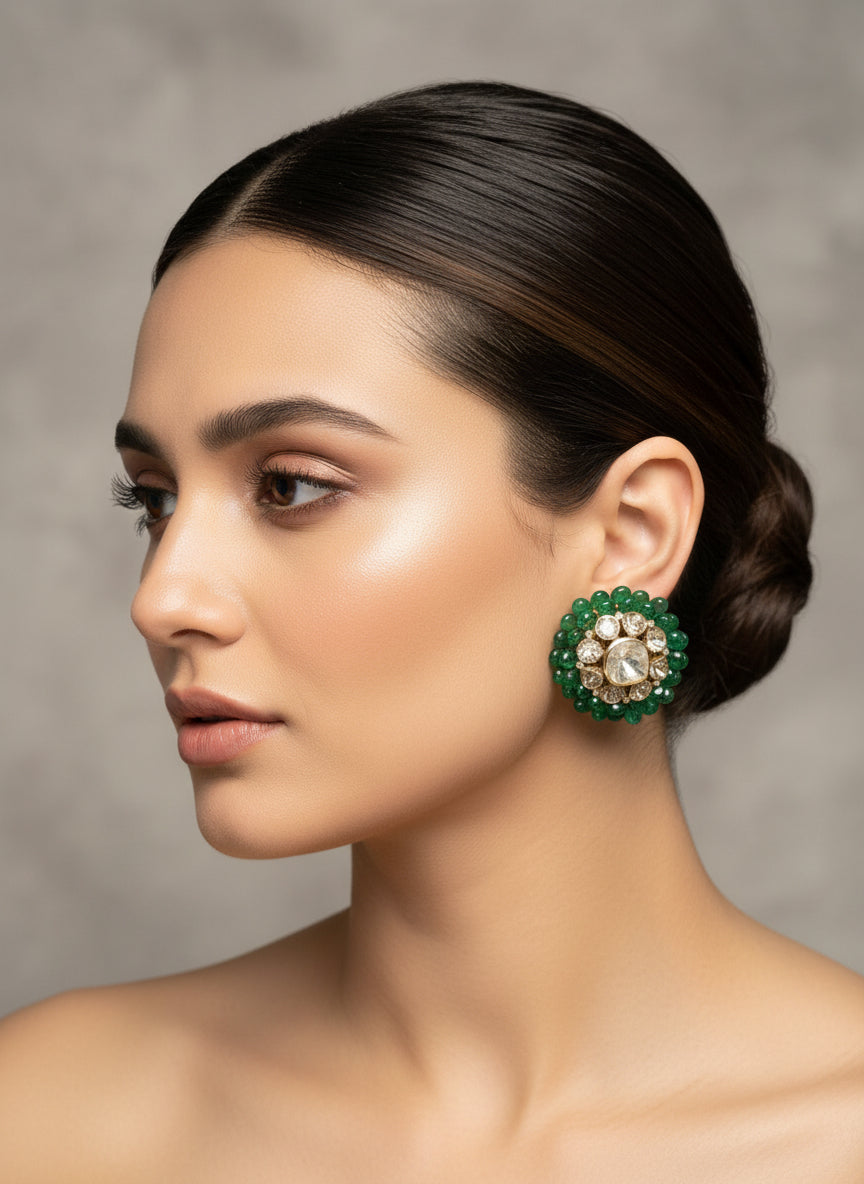 Polki Green Bead Studs