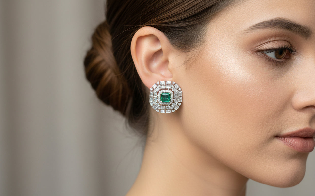 Emerald Halo Diamond Studs