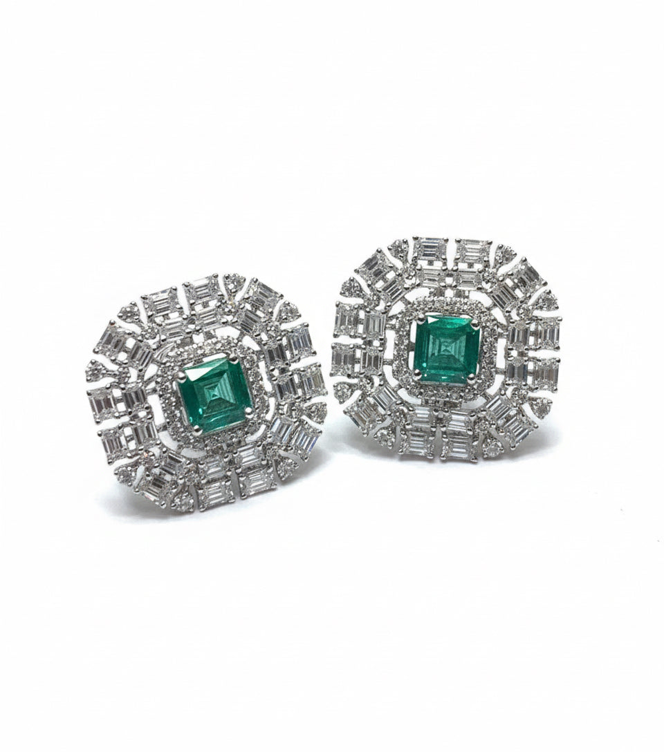 Emerald Halo Diamond Studs