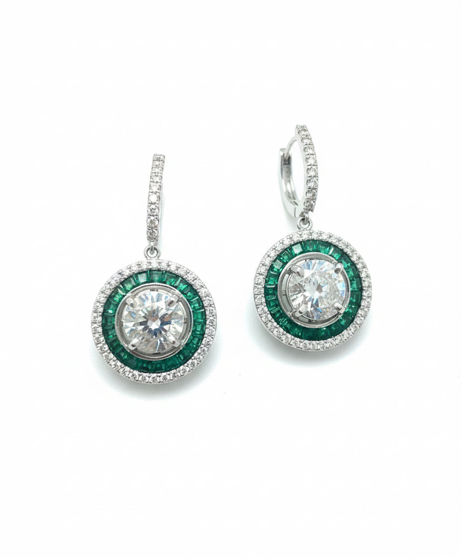 Emerald Halo Circle Drop Earrings