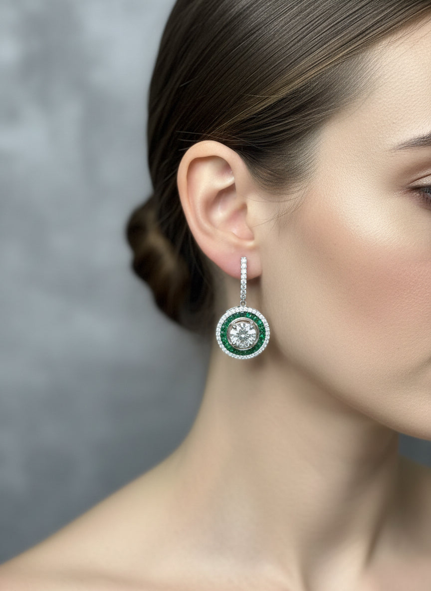 Emerald Halo Circle Drop Earrings