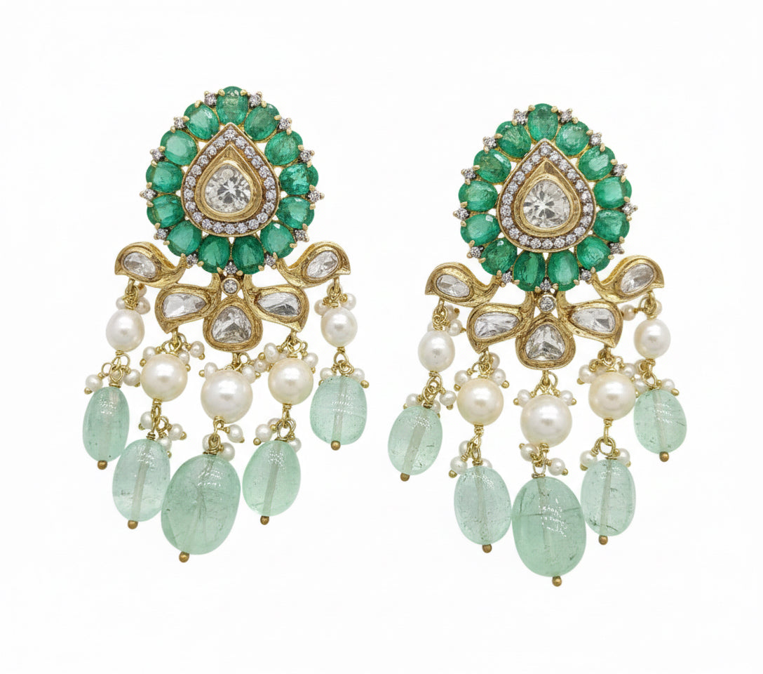 Emerald Polki Pearl Chandbali Earrings