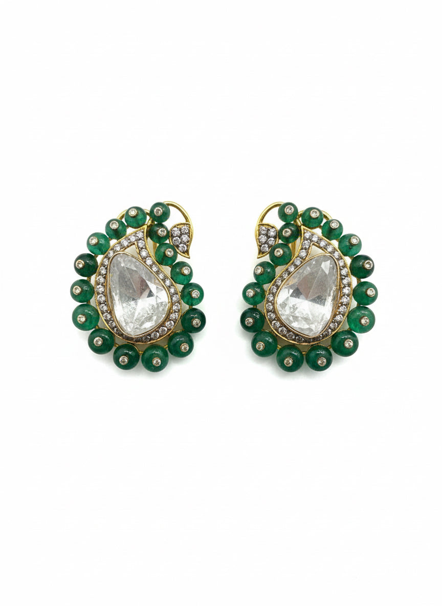 Emerald Beaded Polki Earrings